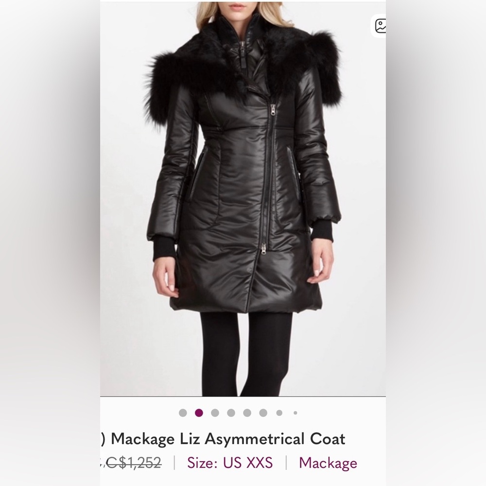Mackage Shiny Black Puffer Coat with Fur Trim small Liz Asymmetrical Coat